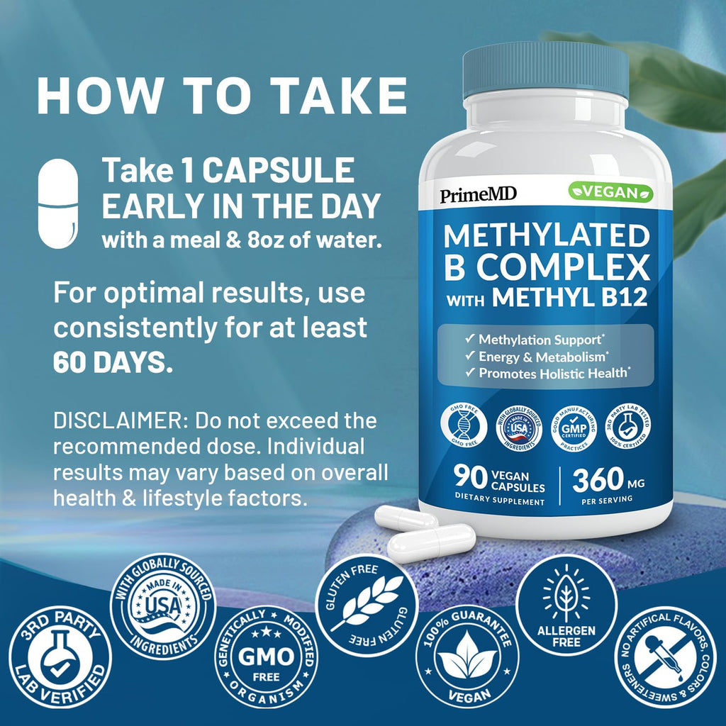 Methylated B Complex with Methylfolate and B12 Methylcobalamin 1000 mcg - Methylated Multivitamin for Energy, Brain Function, and Wellness - Vitamin B Complex for Men & Women (90 Servings) (Pack of 1)