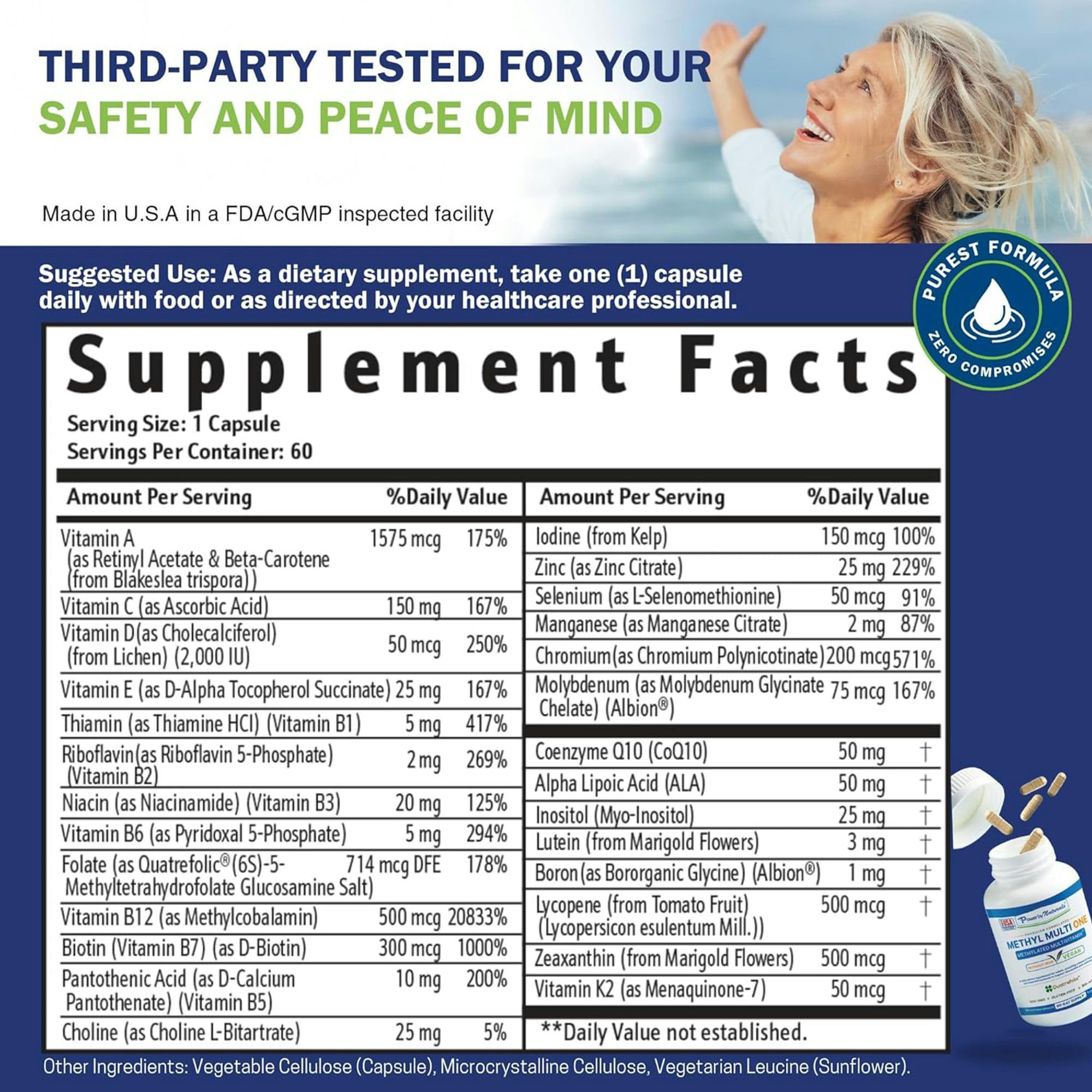 Power By Naturals Methyl Multi One – Iron-Free Methylated Multivitamin for Energy & MTHFR Support (60 capsules, 2-pack)