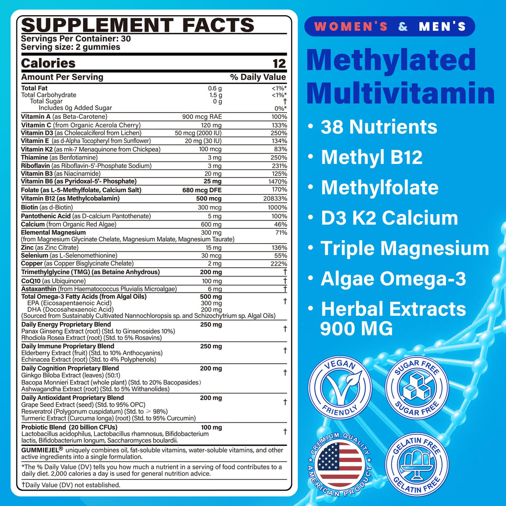 Vegan Methylated Multivitamin Gummies for Women & Men – Sugar Free, Omega-3, D3 K2, Methylfolate & B12