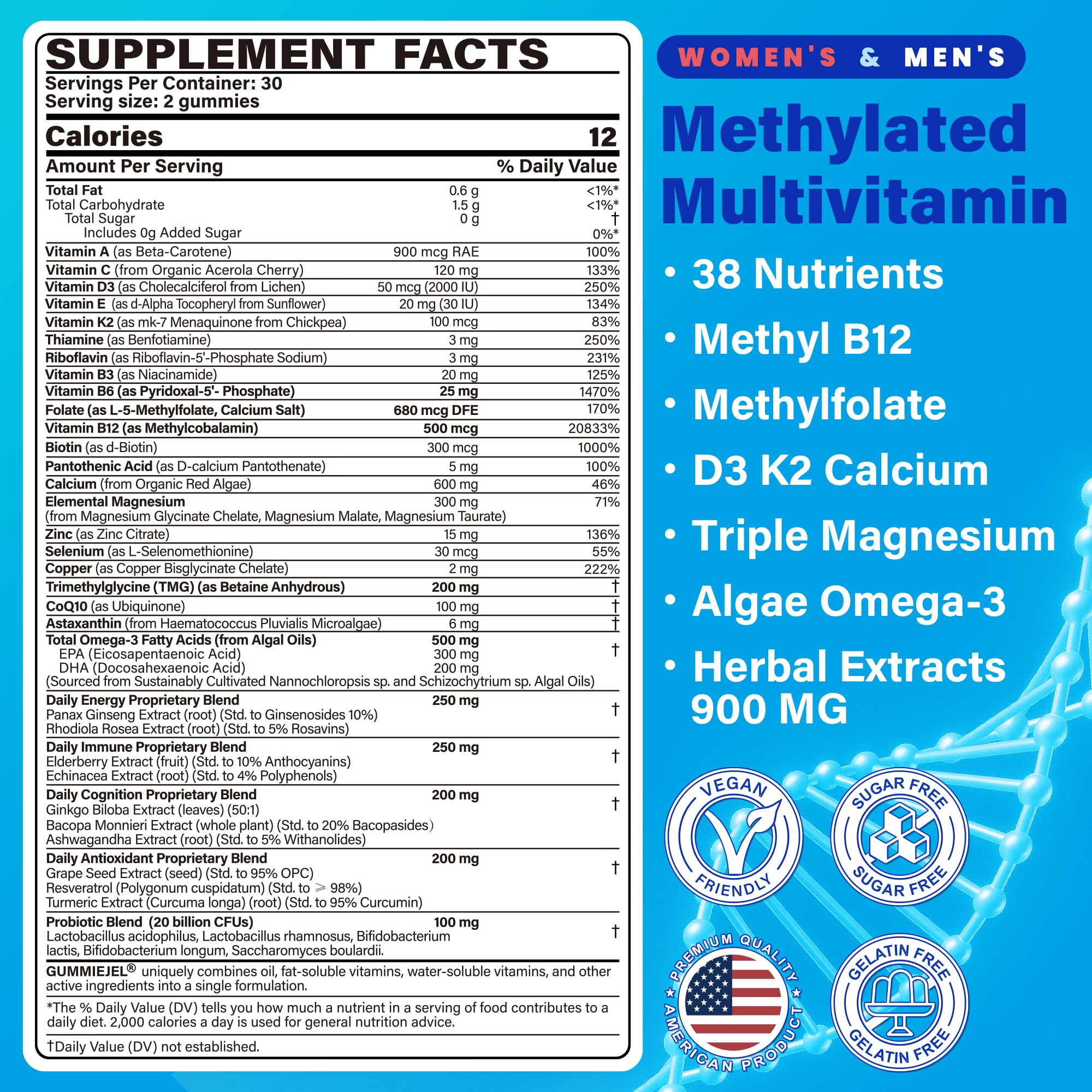 Vegan Methylated Multivitamin Gummies for Women & Men – Sugar Free, Omega-3, D3 K2, Methylfolate & B12