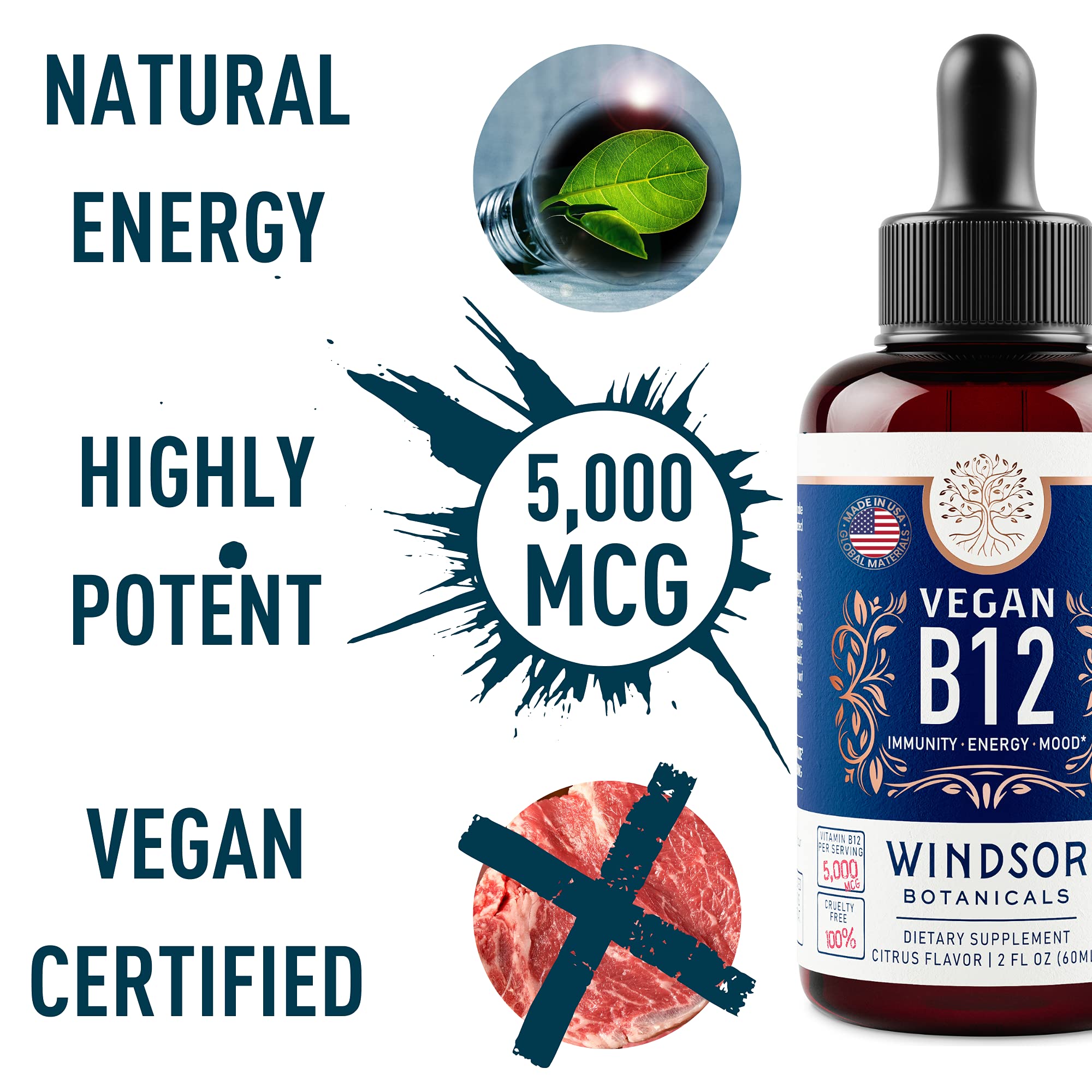 Vegan Vitamin B12 Liquid 5000 mcg | Sublingual Methylcobalamin Drops - 2oz