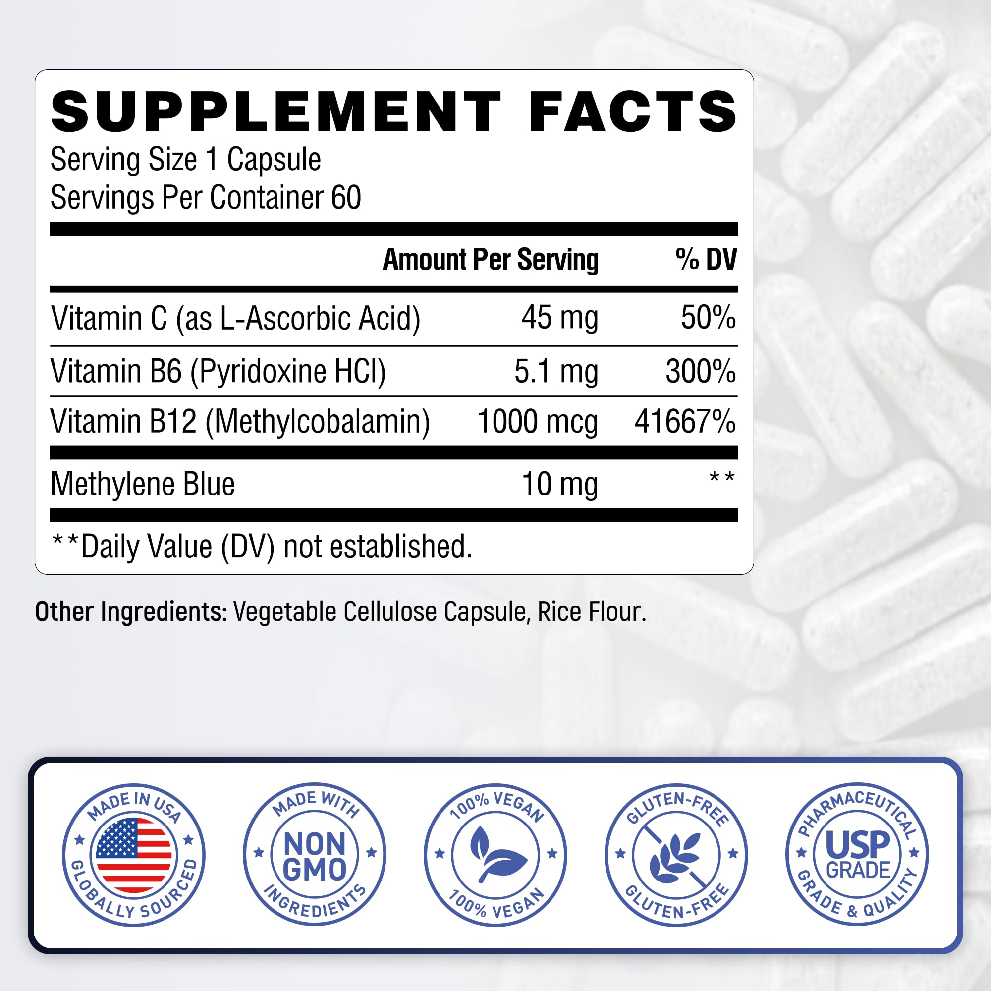 Methylene Blue Pharmaceutical Grade 10 mg - 60 Capsules | Made in USA - 2 Month Supply