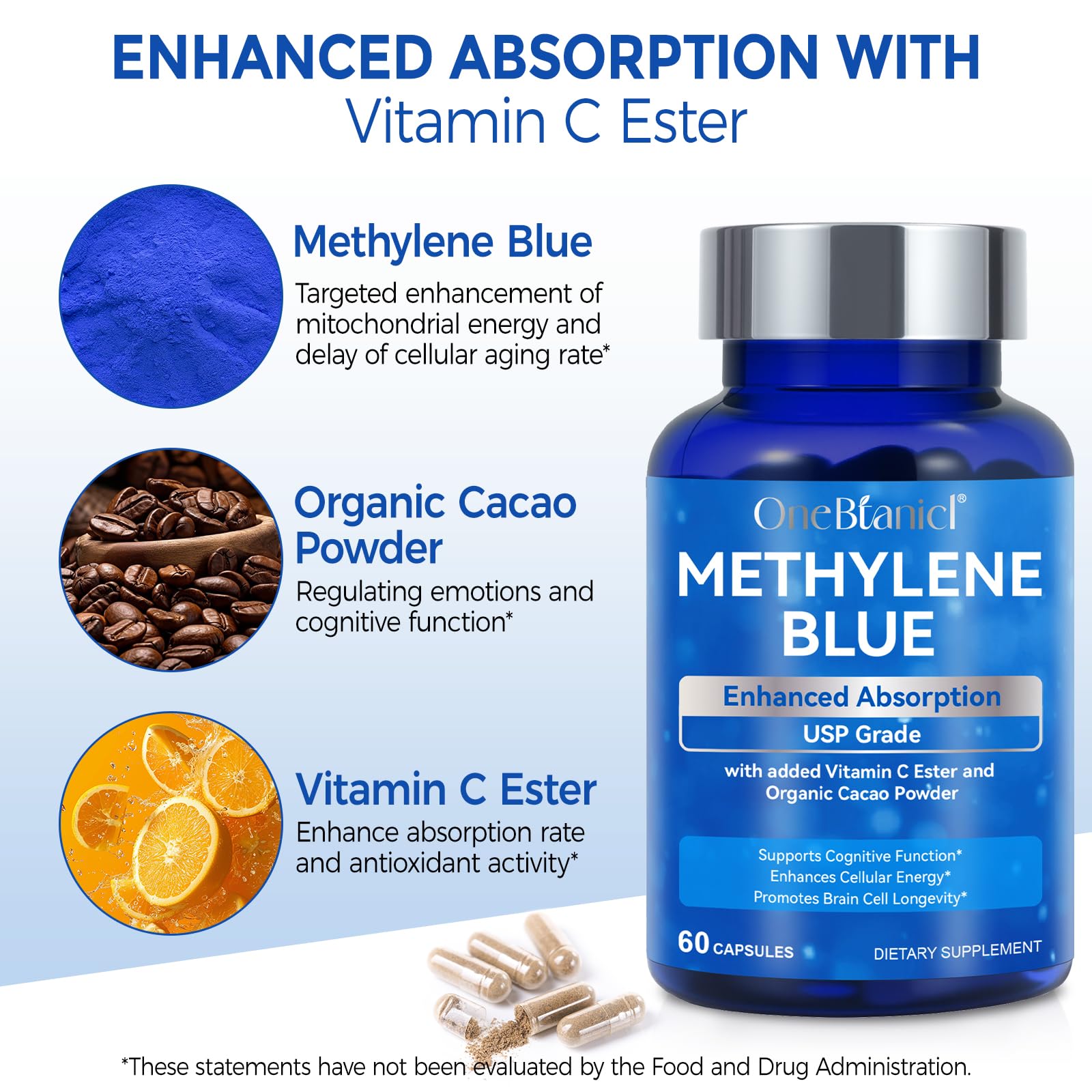 Methylene Blue Pharmaceutical Grade Capsules (60 Count) – Vitamin C Ester & Cocoa for Focus & Antioxidant Support