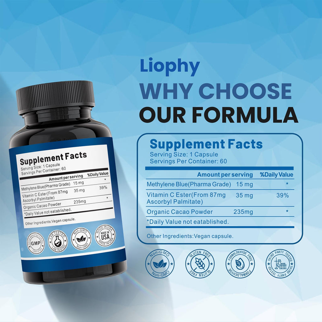 Liophy Methylene Blue Capsules – Premium 99% Methylene Blue with Vitamin C Ester | 60 Capsules Dietary Supplement