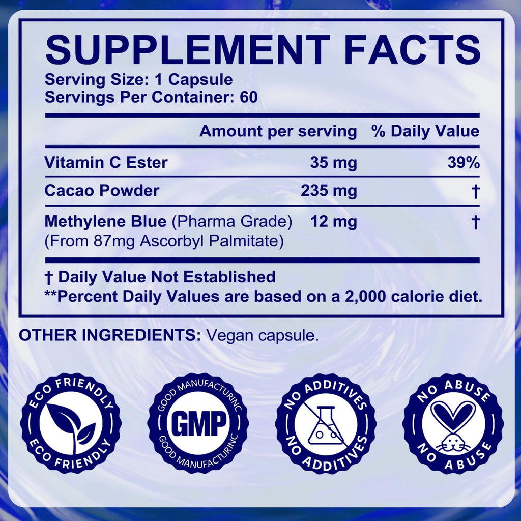 Methylene Blue Capsules 60p – Vitamin C Ester for Enhanced Absorption | Brain Health, Memory, Focus, Clarity, Energy