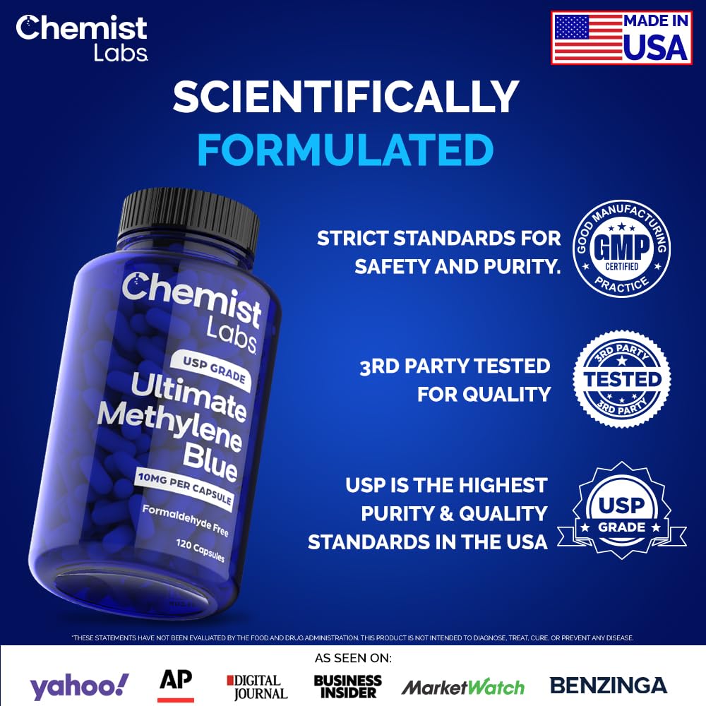 Chemist Labs Methylene Blue Capsules – USP Grade 99% Purity, Made in USA (120 Count)