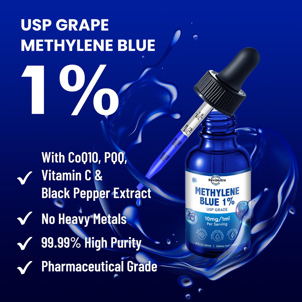 Methylene Blue Drops | USP Grade 1% Liquid for Brain Health — CoQ10, PQQ, Vitamin C, Piperine | 2 fl oz