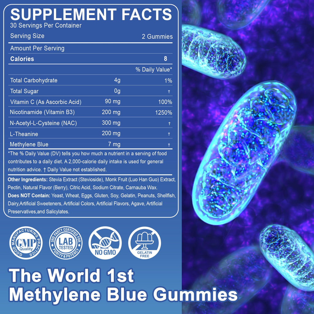 Methylene Blue Gummies for Humans | High-Potency Brain Booster & Antioxidant - Vegan 60 Count