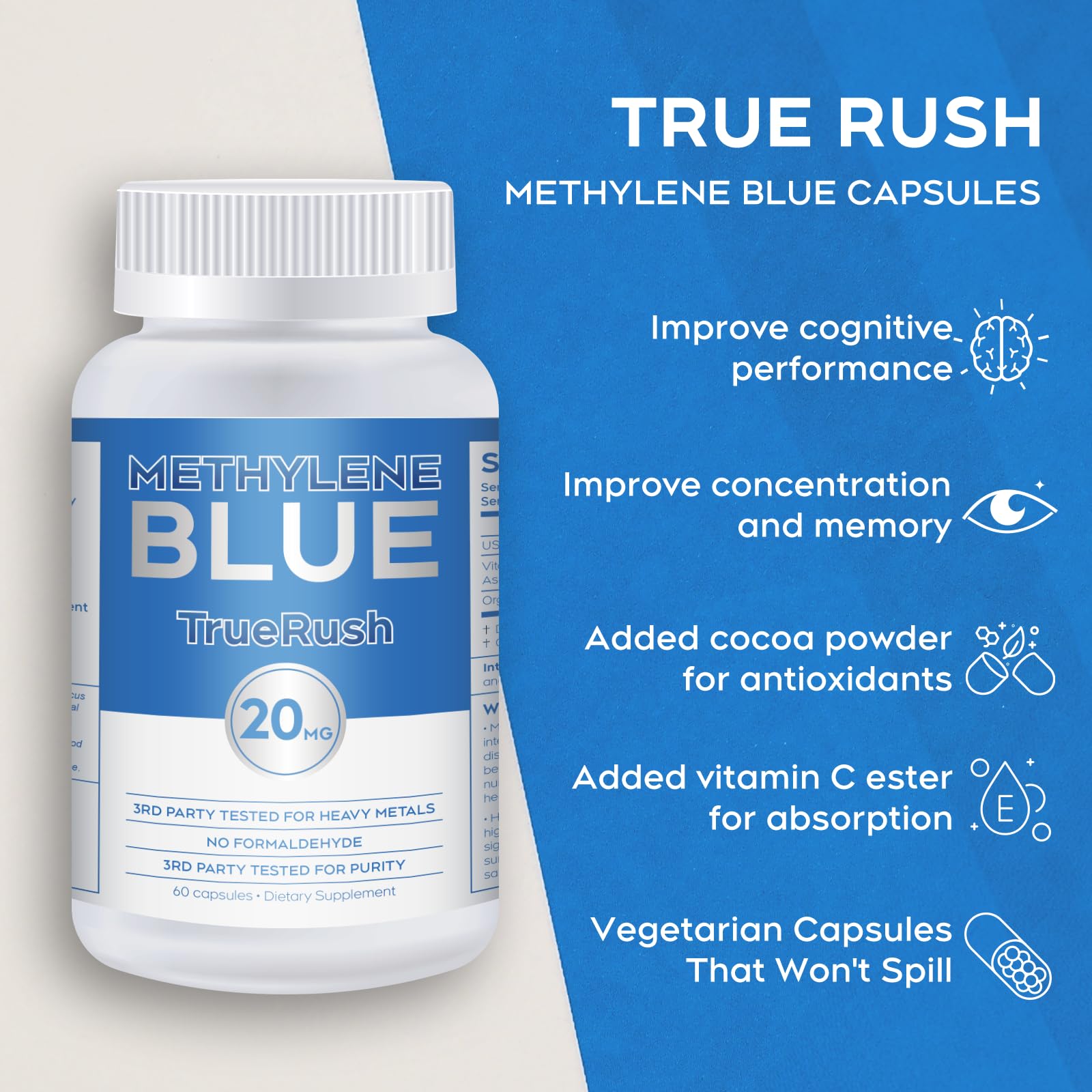 Methylene Blue USP-Grade Capsules 20mg - 60 Vegan Capsules with Vitamin C Ester and Organic Cacao