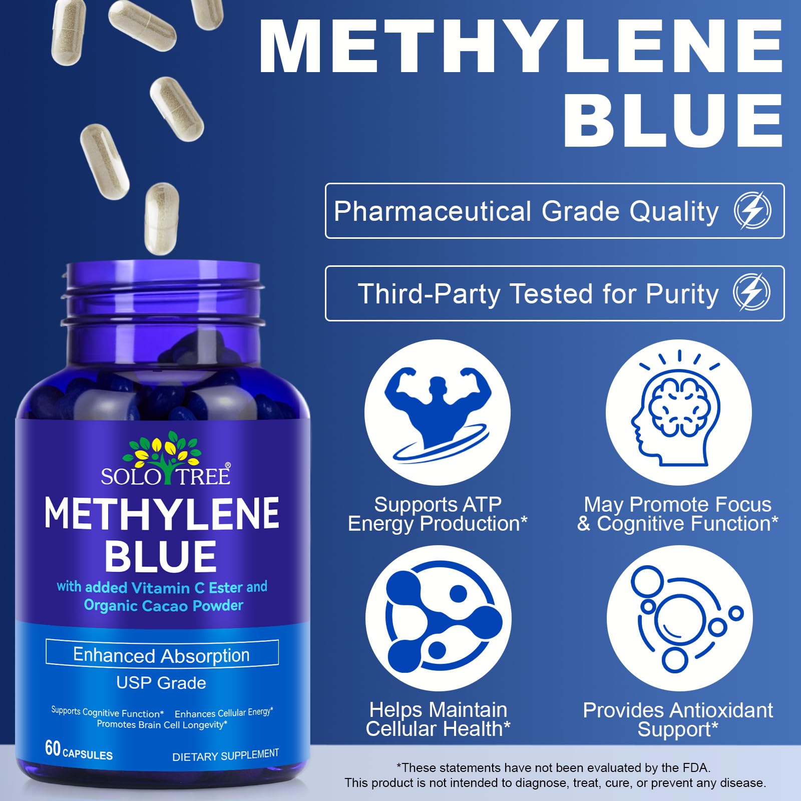 Methylene Blue Pharmaceutical Grade Supplement - 60 Capsules | Cognitive Support