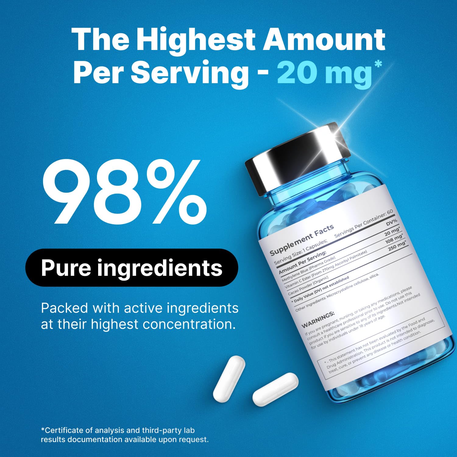 Ultimate Methylene Blue Capsules 20mg – Focus, Memory & Brain Health | Pharmaceutical Grade 2% (60 Count)