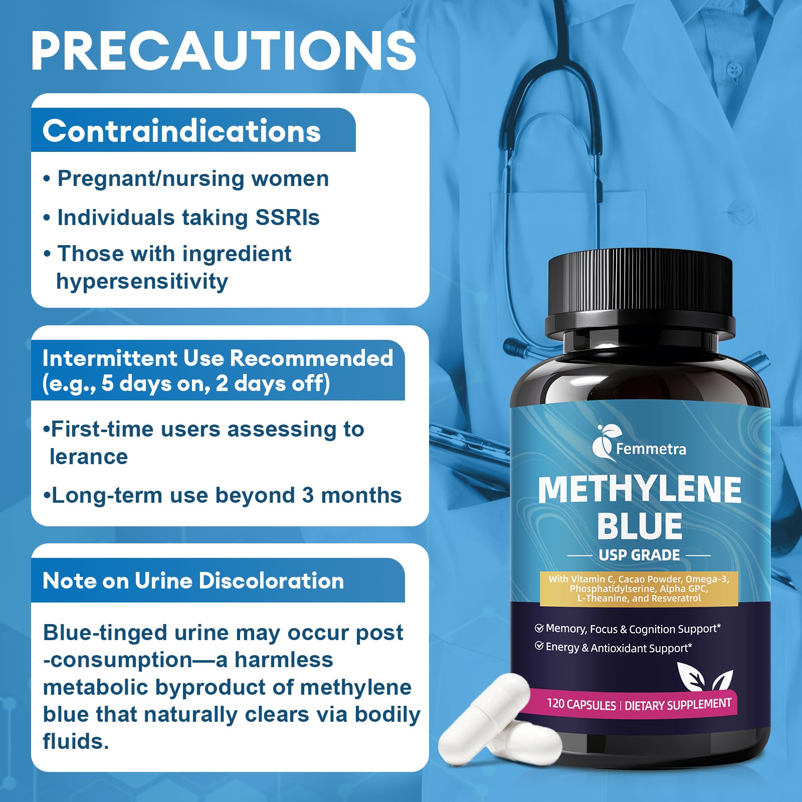 USP Pharmaceutical Grade Methylene Blue Capsules with Resveratrol – Brain Support, 120 Capsules