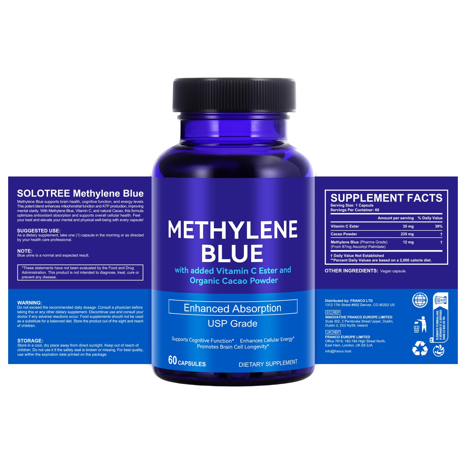 Methylene Blue Capsules 12 mg with Vitamin C Ester – 60 Capsules