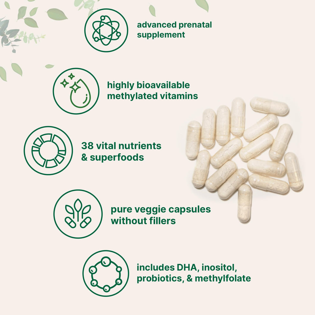 Pure Methylated Prenatal Vitamins for Women — 240 Veggie Capsules | 38 Vital Nutrients with DHA, Choline, Probiotics, Ginger, Inositol, & Methylfolate + Iron | No Fillers