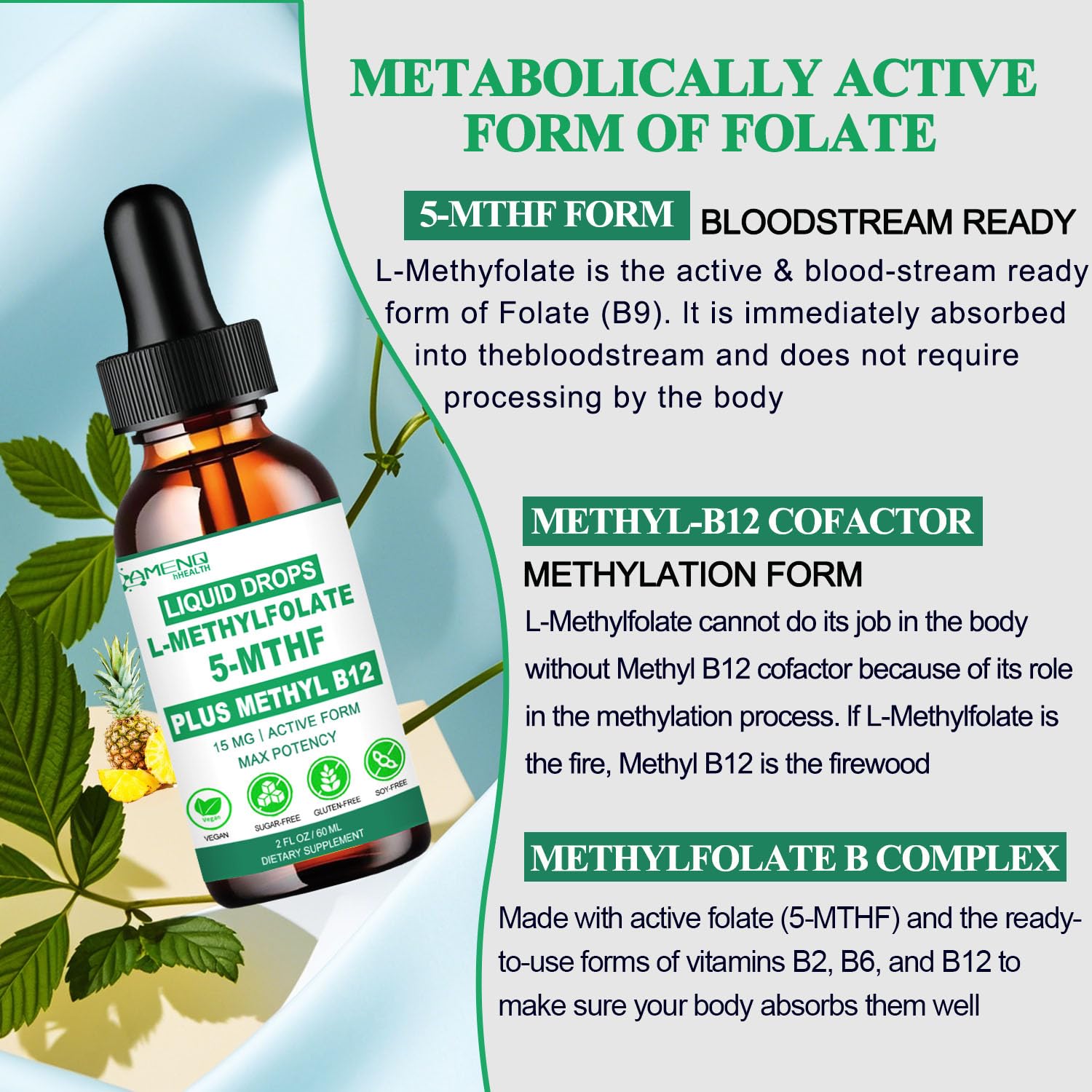 Methylfolate Liquid Drops 15mg – L-Methyl Folate 5-MTHF + B Vitamins for Mood & Energy