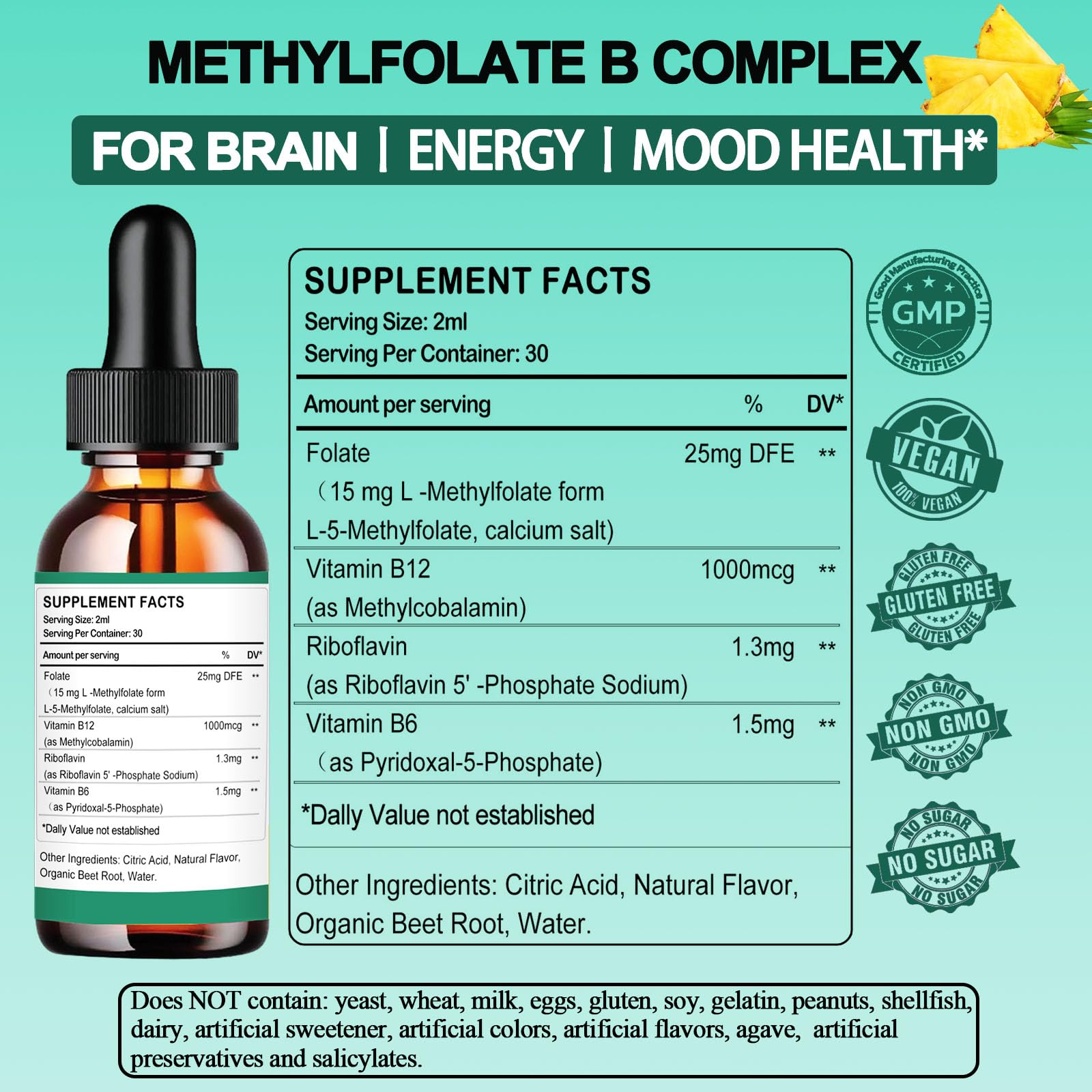 Methylfolate Liquid Drops 15mg – L-Methyl Folate 5-MTHF + B Vitamins for Mood & Energy