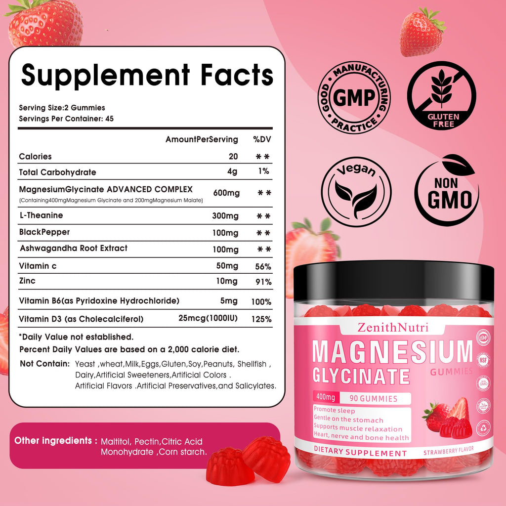 Magnesium Glycinate Gummies 400 mg with Ashwagandha – Sleep & Calm – 90 Count