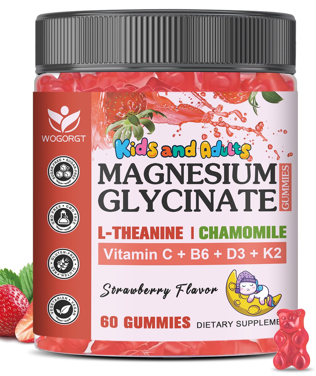 Magnesium Glycinate Gummies for Kids & Adults – Relaxation & Cognition Support (400/200mg) – Vegan, Sugar Free, Strawberry 60 Ct