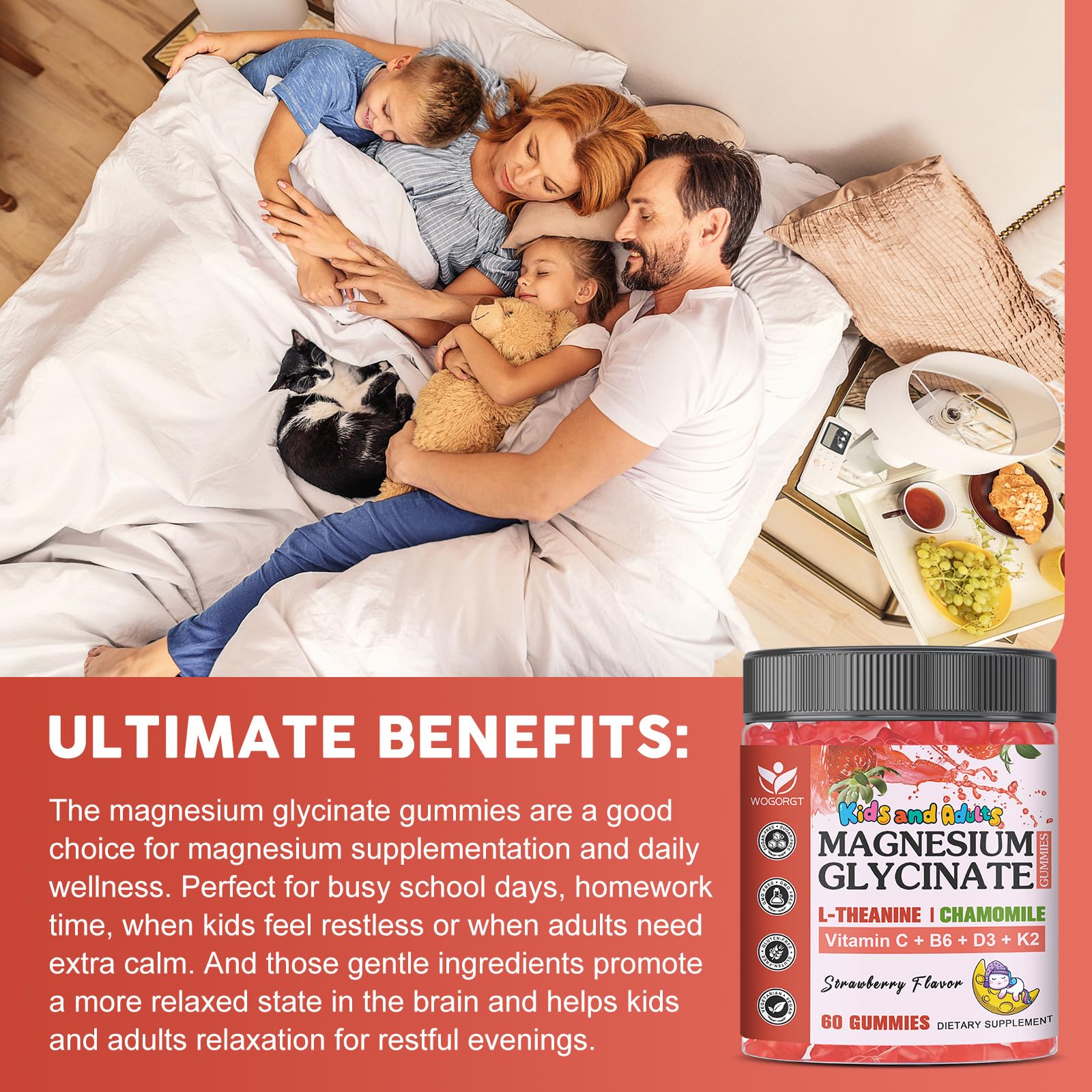 Magnesium Glycinate Gummies for Kids & Adults – Relaxation & Cognition Support (400/200mg) – Vegan, Sugar Free, Strawberry 60 Ct