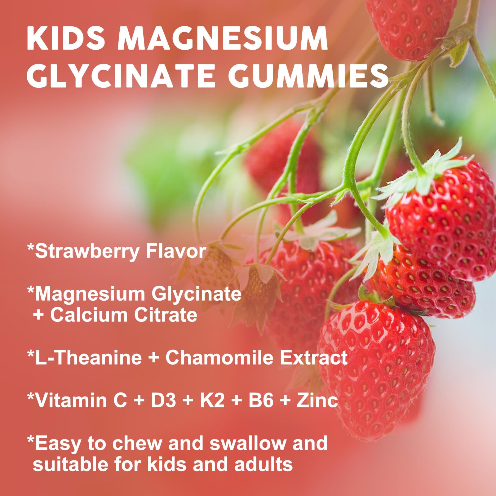 Magnesium Glycinate Gummies for Kids & Adults – Relaxation & Cognition Support (400/200mg) – Vegan, Sugar Free, Strawberry 60 Ct