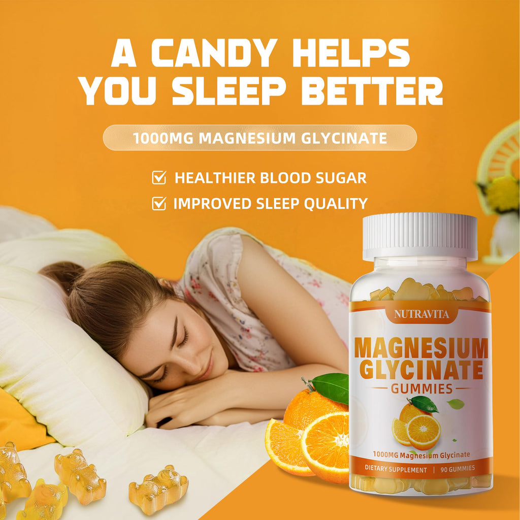 Magnesium Glycinate Gummies 1000mg + Magnesium L-Threonate — Chelated Mg Potassium Complex, Vitamin D, B6, CoQ10, Calcium | 90 Gummies Orange