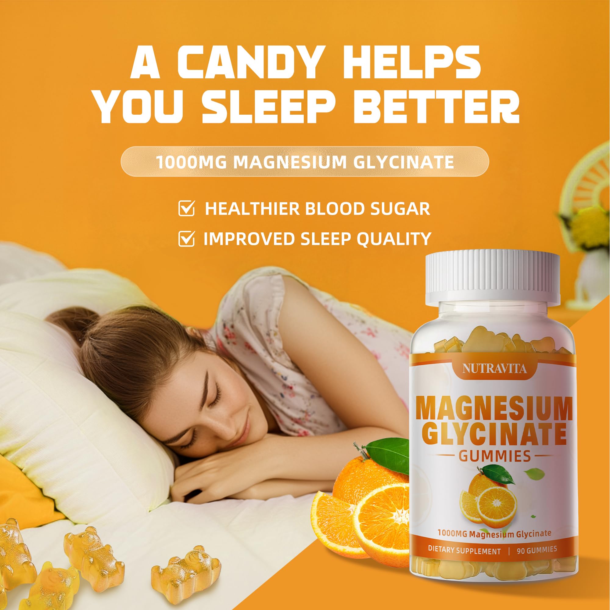Magnesium Glycinate Gummies 1000mg + Magnesium L-Threonate — Chelated Mg Potassium Complex, Vitamin D, B6, CoQ10, Calcium | 90 Gummies Orange