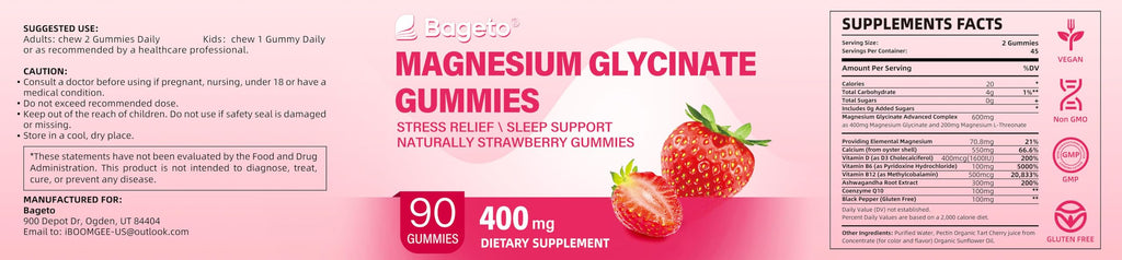 Magnesium Glycinate Gummies Sugar Free 90 Count | 400mg Mg + 200mg L-Threonate, Ashwagandha, Vitamin D, B6, B12 | Sleep & Stress Support | Strawberry
