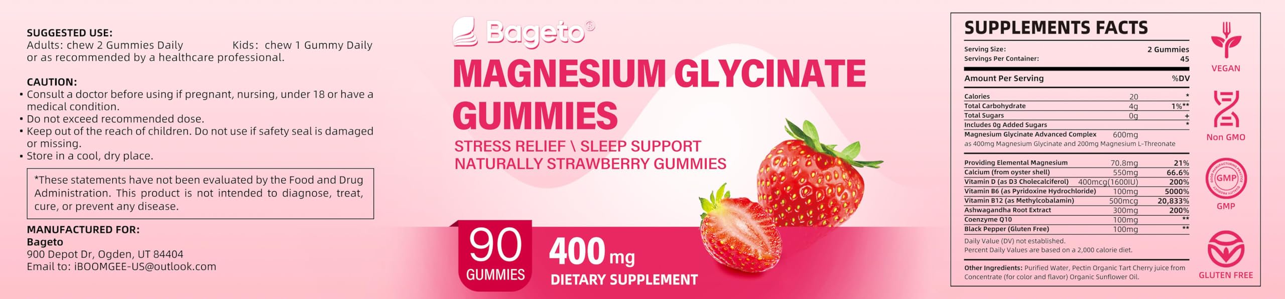 Magnesium Glycinate Gummies Sugar Free 90 Count | 400mg Mg + 200mg L-Threonate, Ashwagandha, Vitamin D, B6, B12 | Sleep & Stress Support | Strawberry