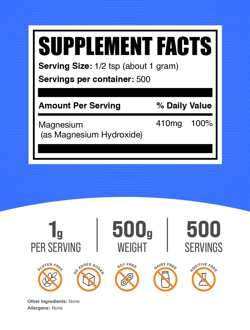 Magnesium Hydroxide Powder - Food Grade & Gluten Free, 500g | BulkSupplements