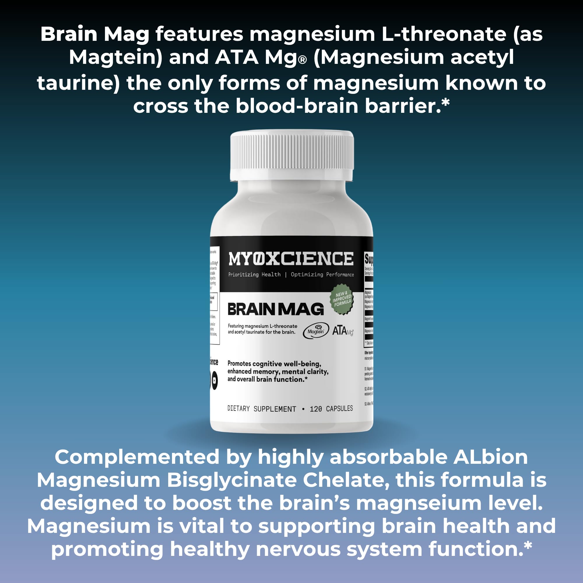 Magnesium L-Threonate + ATA Mag + Magnesium Glycinate | Cognitive Support, Memory & Mental Clarity | 120 Capsules