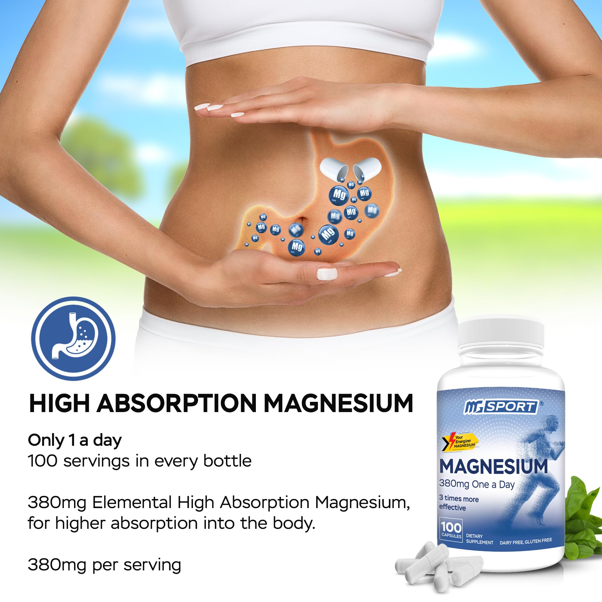 MGSPORT Magnesium Supplement Complex – High Absorption with Vitamin B6, D & E | 100 Servings