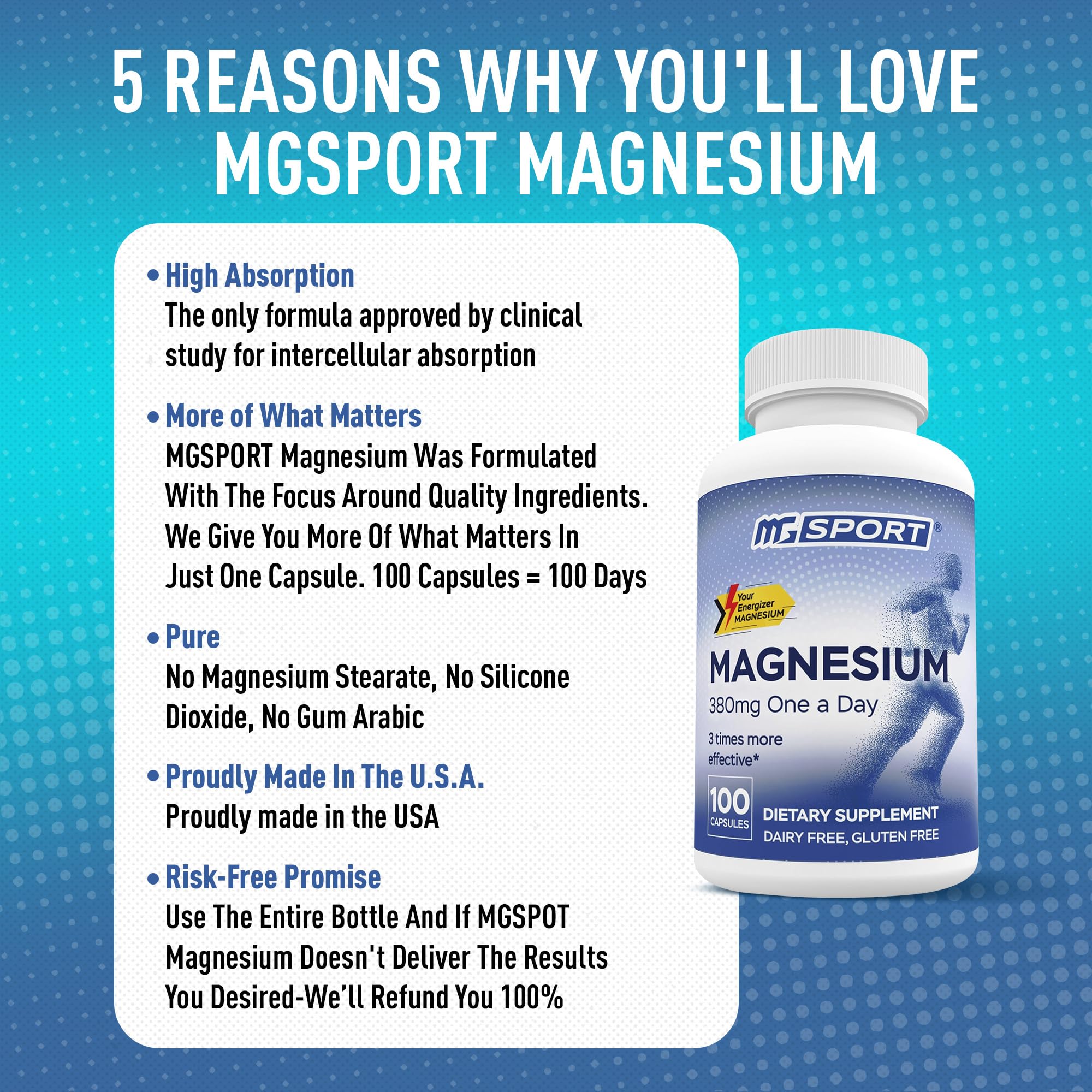 MGSPORT Magnesium Supplement Complex – High Absorption with Vitamin B6, D & E | 100 Servings