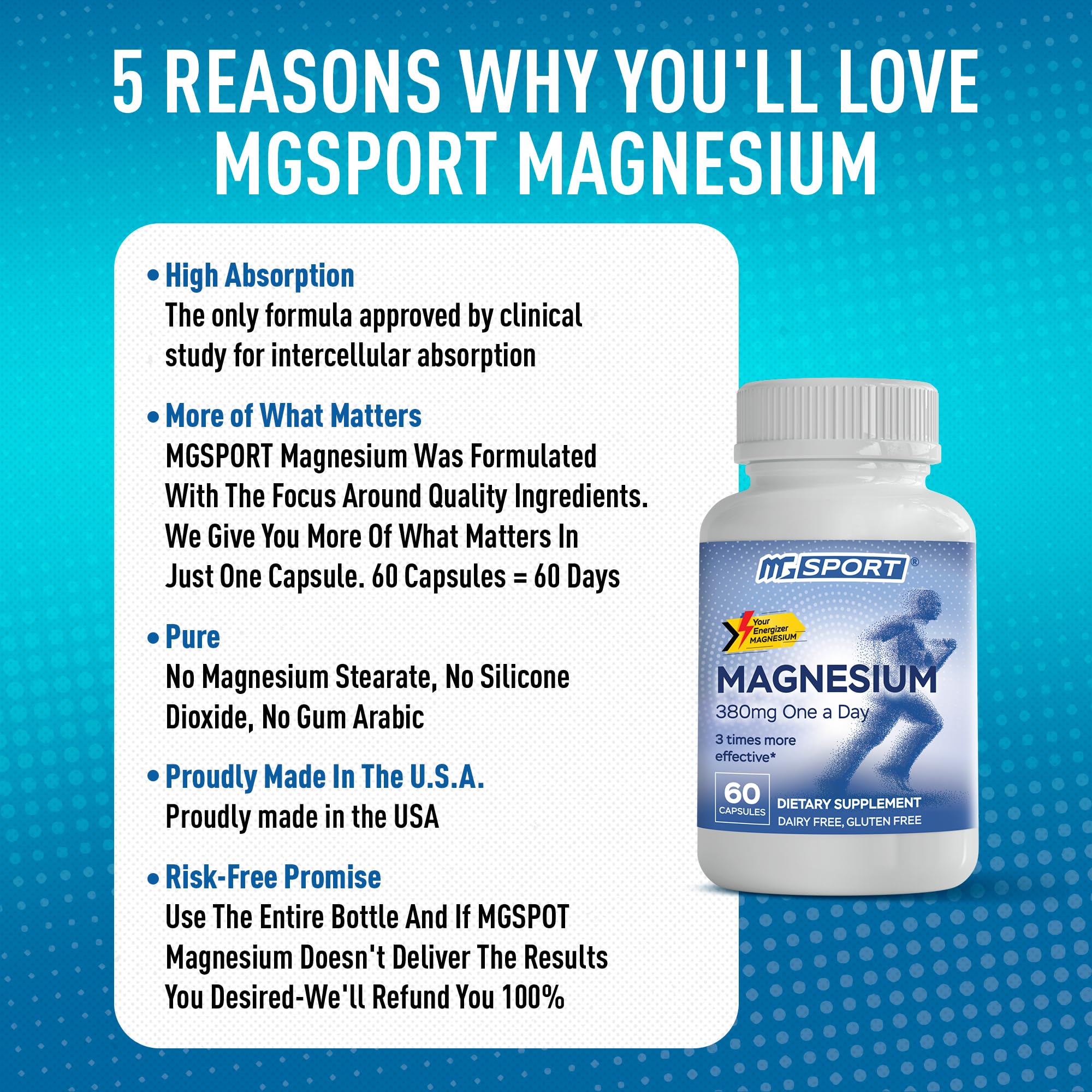 MGSPORT Magnesium Supplement Complex – High Absorption with B6, D & E | Leg Cramps & Muscle Support (60 Servings)