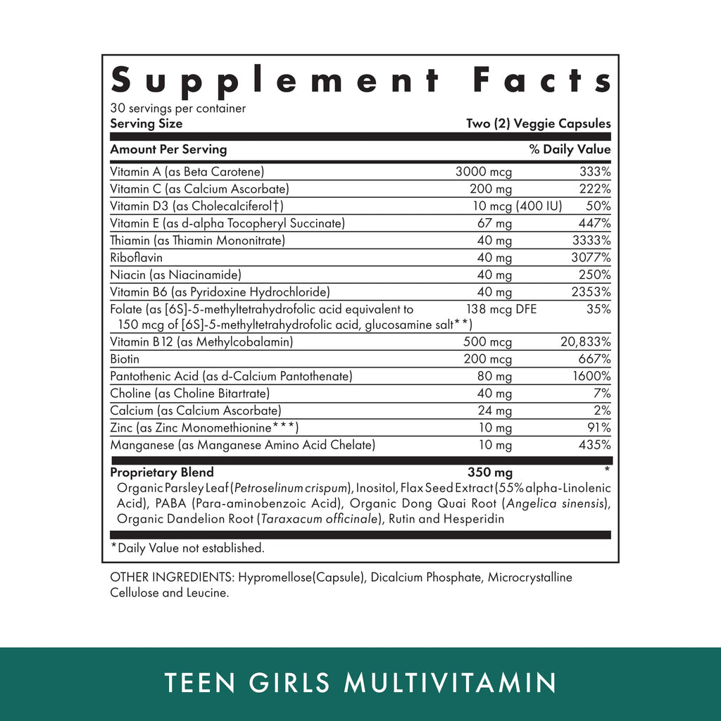 Michael's Health Naturopathic Teen Girls Multivitamin - Vegetarian, Kosher, 60 Capsules | 30 Servings