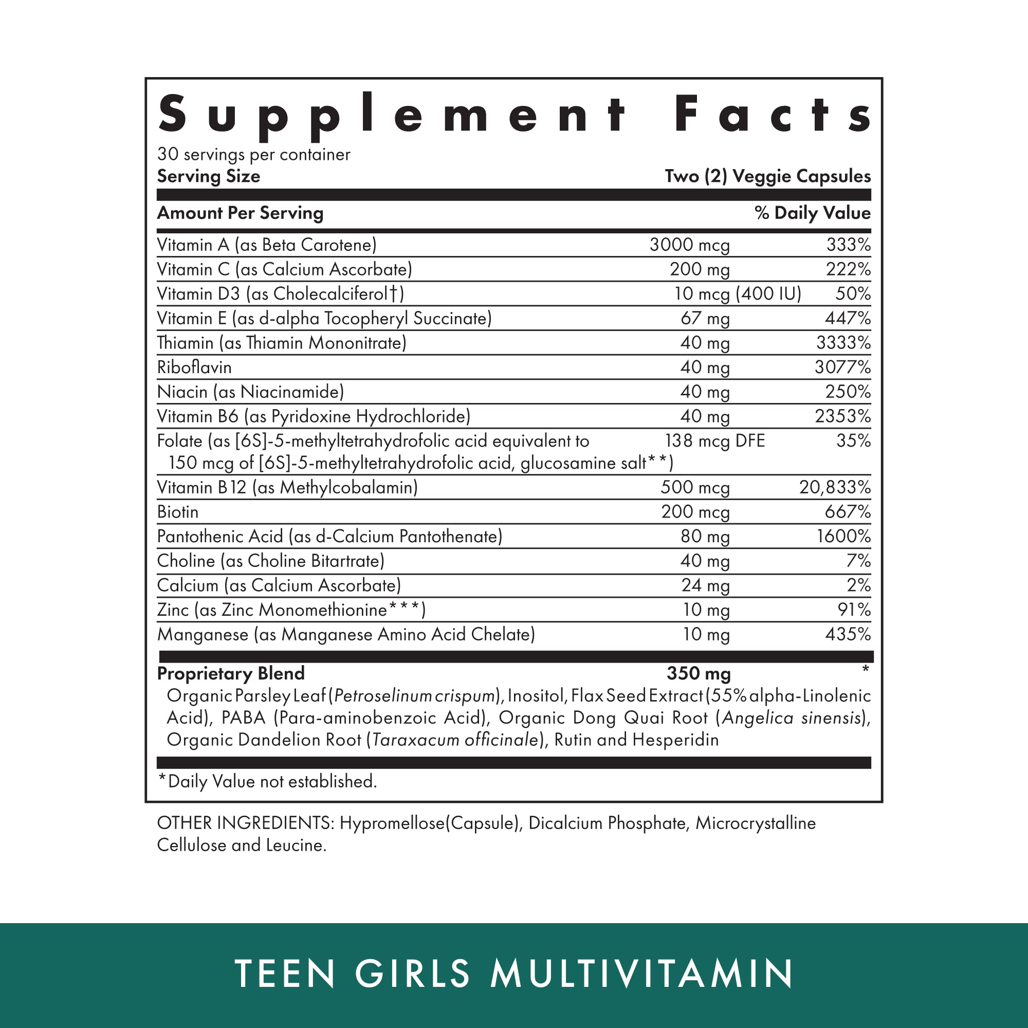 Michael's Health Naturopathic Teen Girls Multivitamin - Vegetarian, Kosher, 60 Capsules | 30 Servings