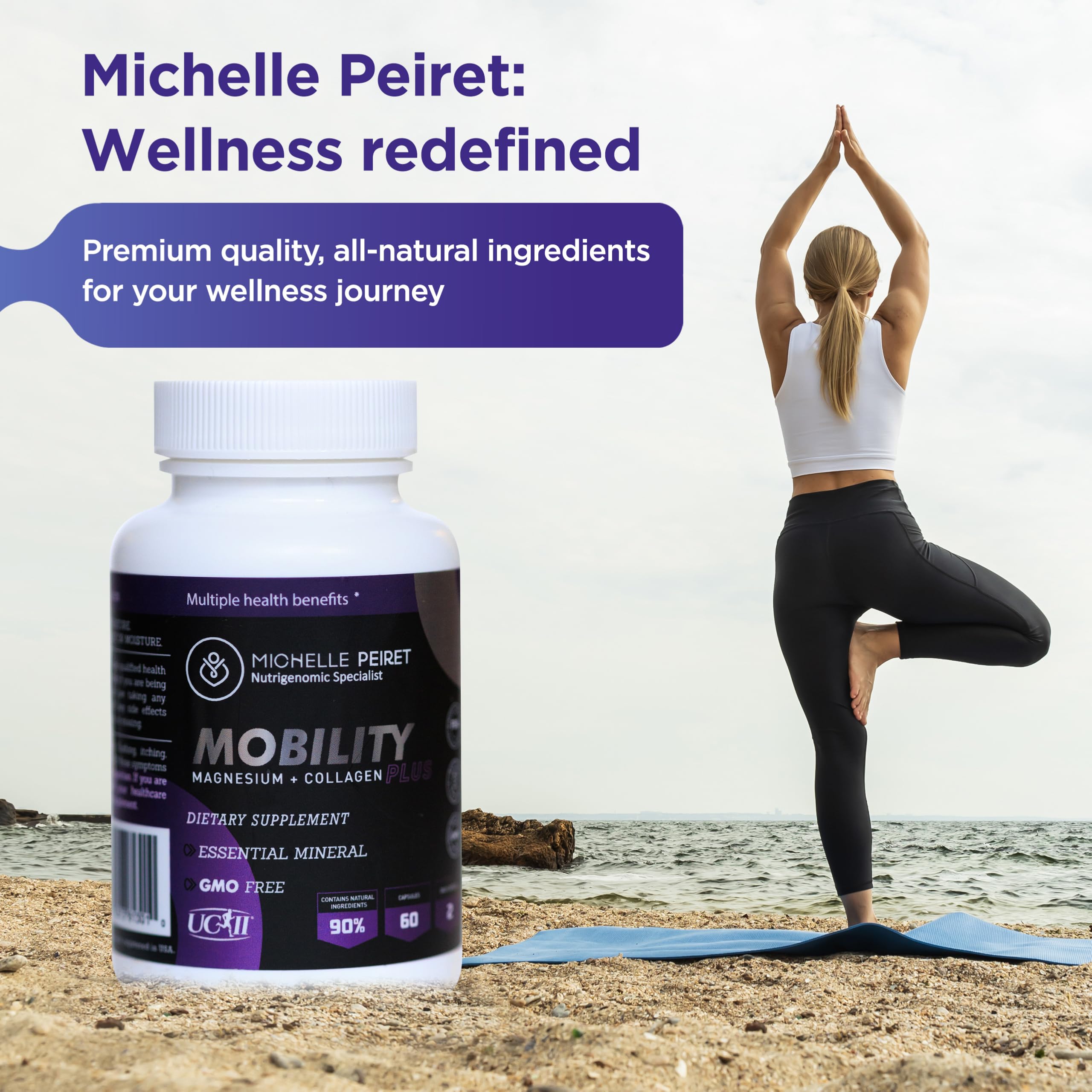 Michelle Peiret Mobility - Magnesium + Collagen Supplement with Hyaluronic Acid & Vitamin C | Gluten-Free & Non-GMO | 60 Capsules