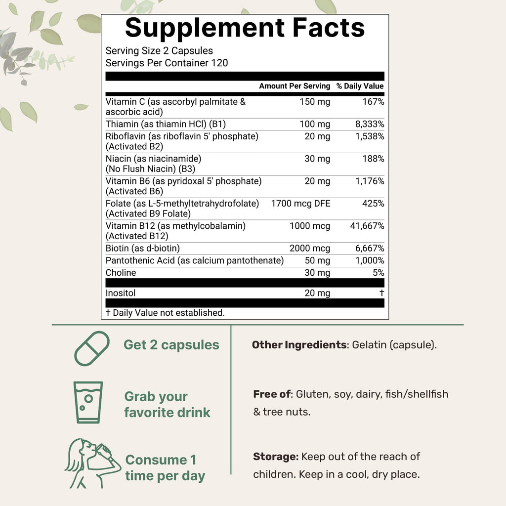 Micro Ingredients 2 Pack Pure Methylated B Complex, 480 Capsules | 11-in-1 Vitamin B Formula + Vitamin C | Non-GMO
