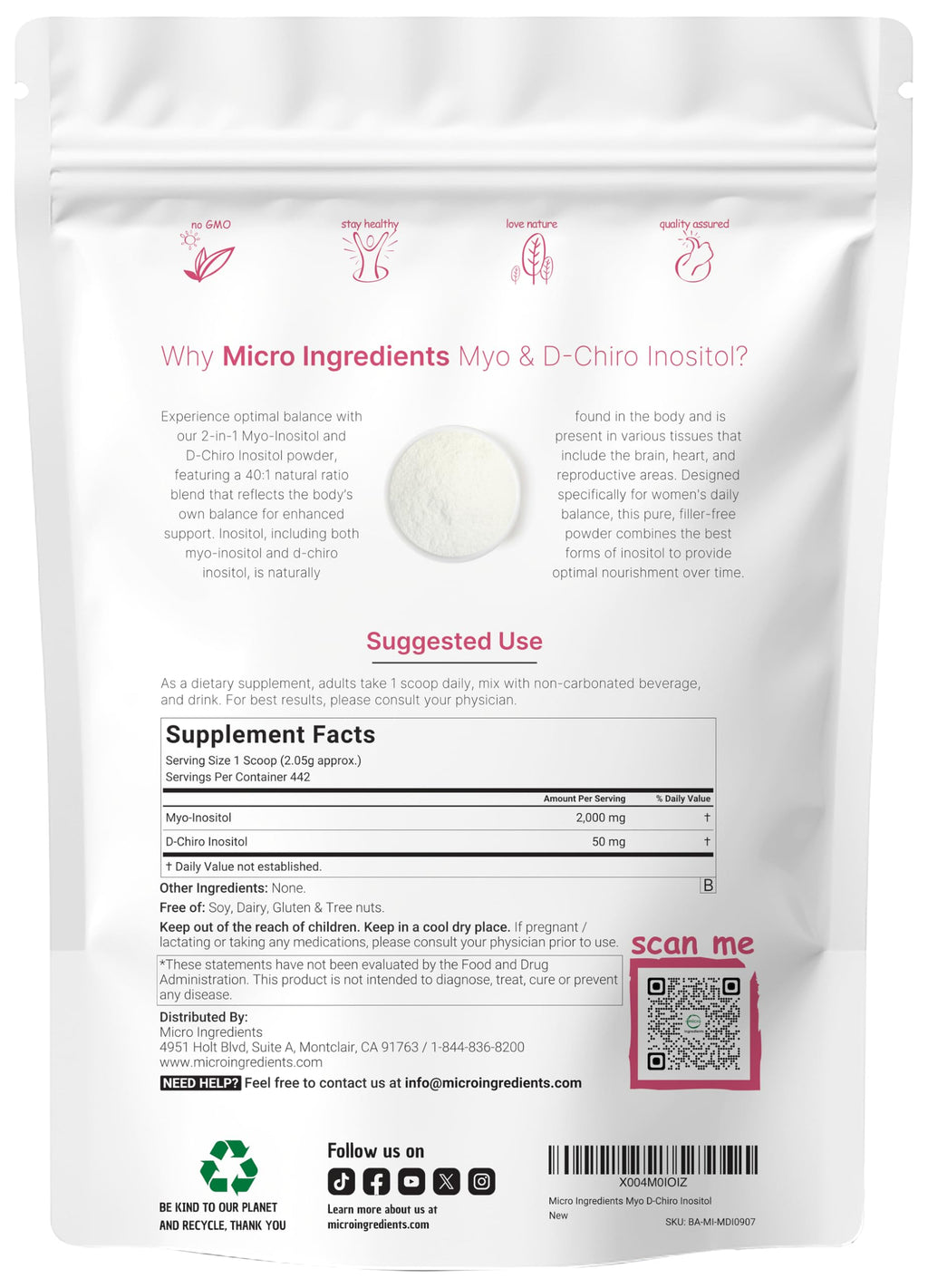 Micro Ingredients Myo-Inositol & D-Chiro Inositol Powder, 2 lb (442 Servings) | 40:1 Ratio for Women | Supports Hormonal Balance & Ovarian Health | Vegan, Non-GMO