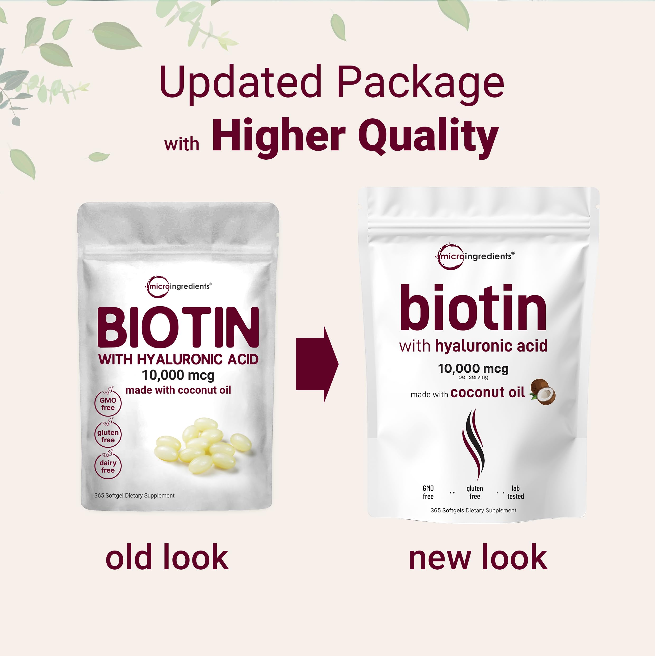 Biotin 10,000mcg + Hyaluronic Acid 25mg Softgels | Virgin Coconut Oil 365-Count