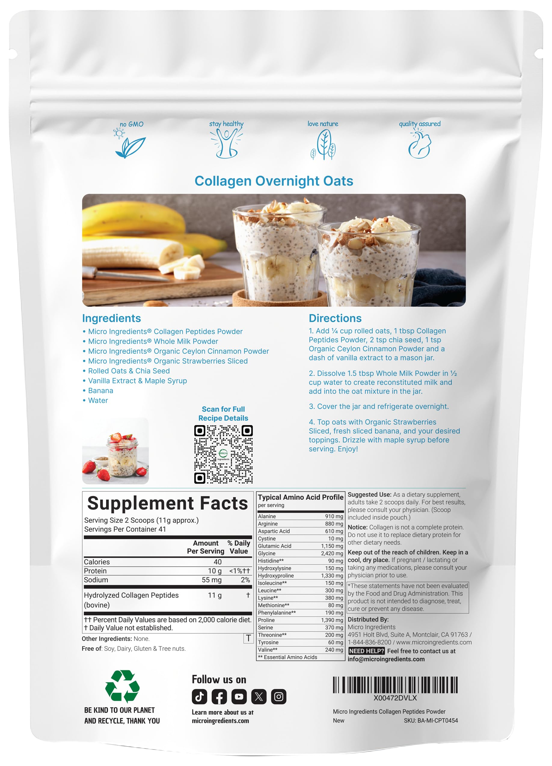 Micro Ingredients Bovine Collagen Peptides Powder 1lb – Grass-Fed, Unflavored, Type I & III | Skin, Joints & Bones Support | Paleo, Non-GMO