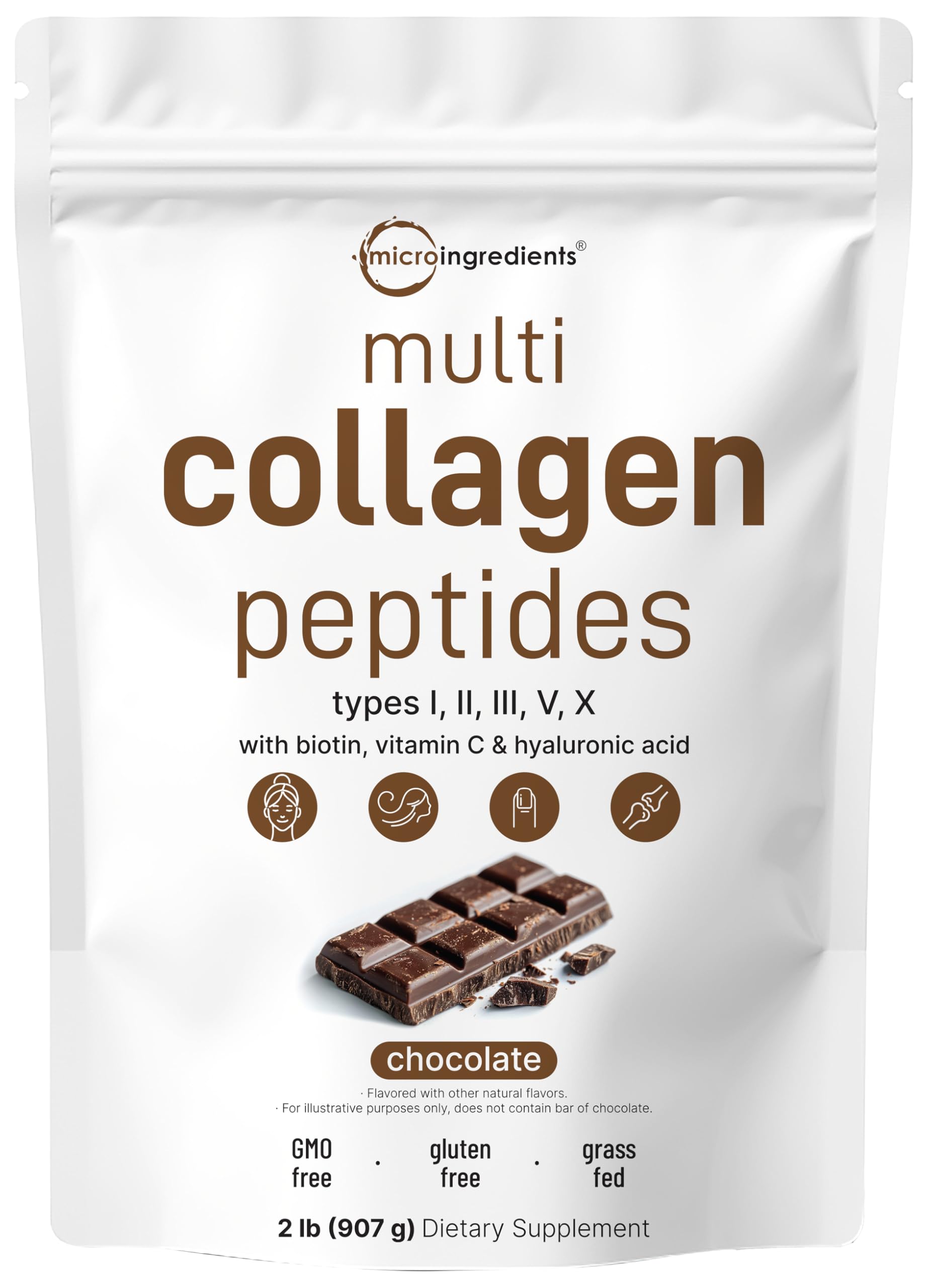 Micro Ingredients Multi Collagen Peptides Powder, 2lb | Type I, II, III, V, X + Biotin, Vitamin C & Hyaluronic Acid | Chocolate Flavor | Keto, Non-GMO
