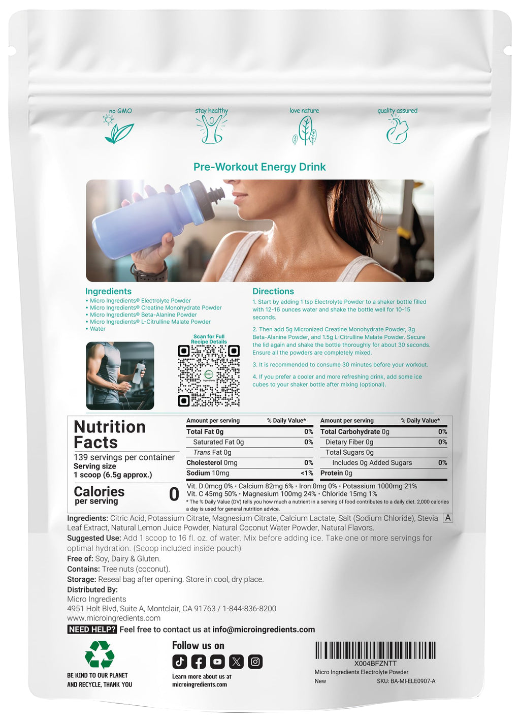 Micro Ingredients Electrolyte Powder, 2 lbs (139 Servings) – Lemon Raspberry Flavor | 1,000mg Potassium | No Sugar | Keto | Non-GMO