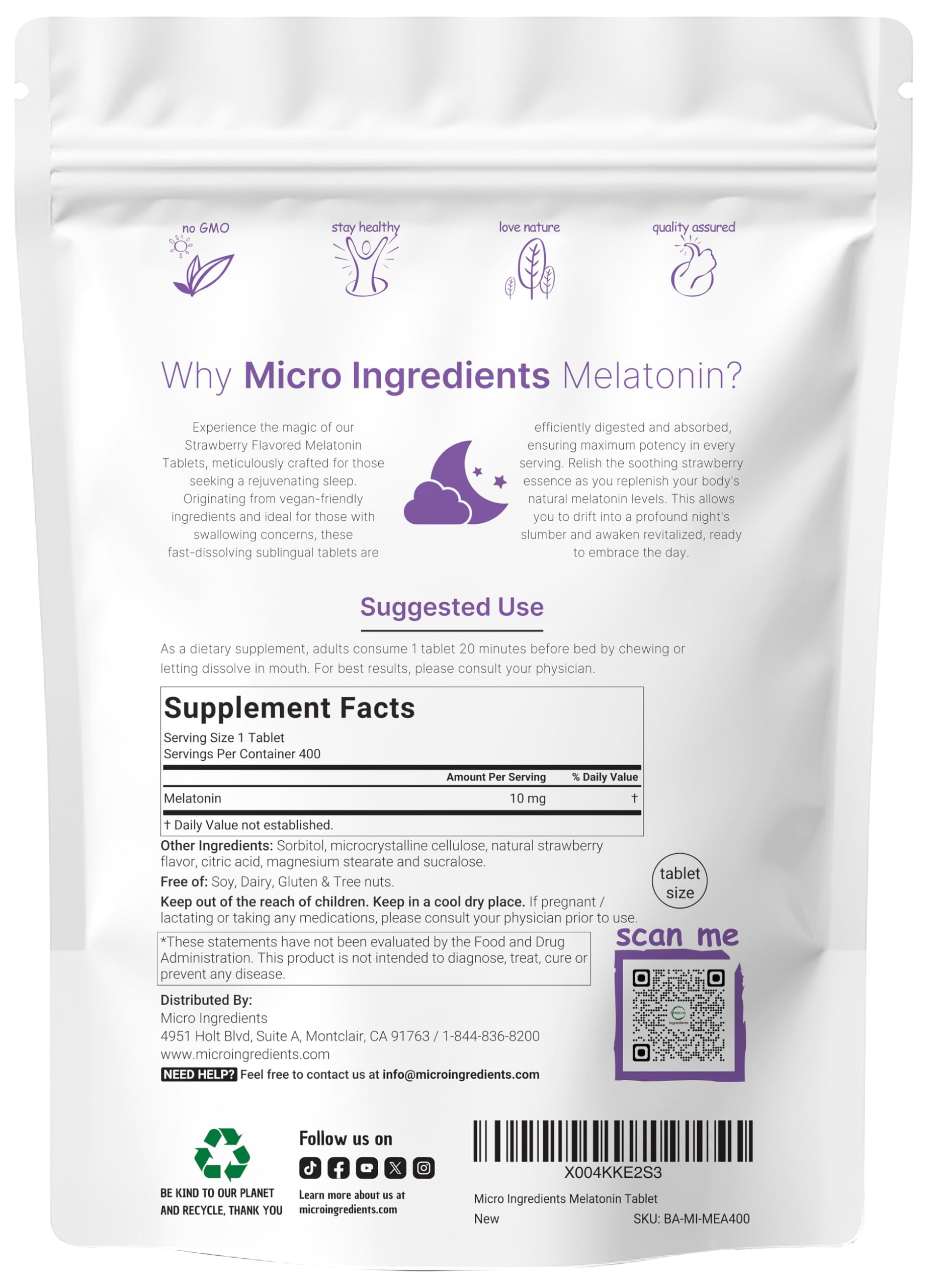 Micro Ingredients Melatonin 10mg – 400 Tablets | Strawberry Flavor | Fast Dissolve | Vegan & Non-GMO