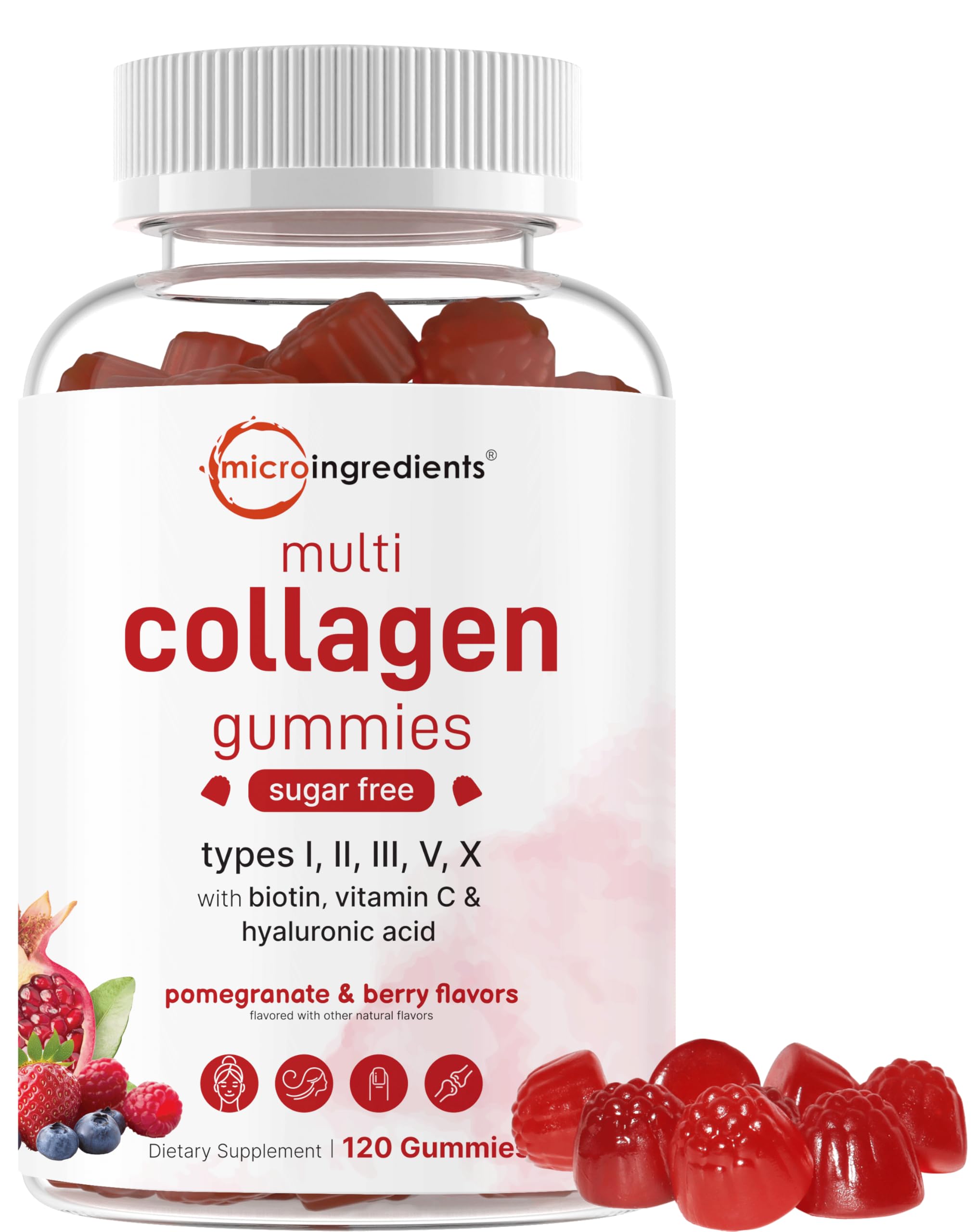 Micro Ingredients Multi Collagen Gummies 120 – 8-in-1 (I–X) with Biotin, Hyaluronic Acid & Vitamin C | Pomegranate Berry