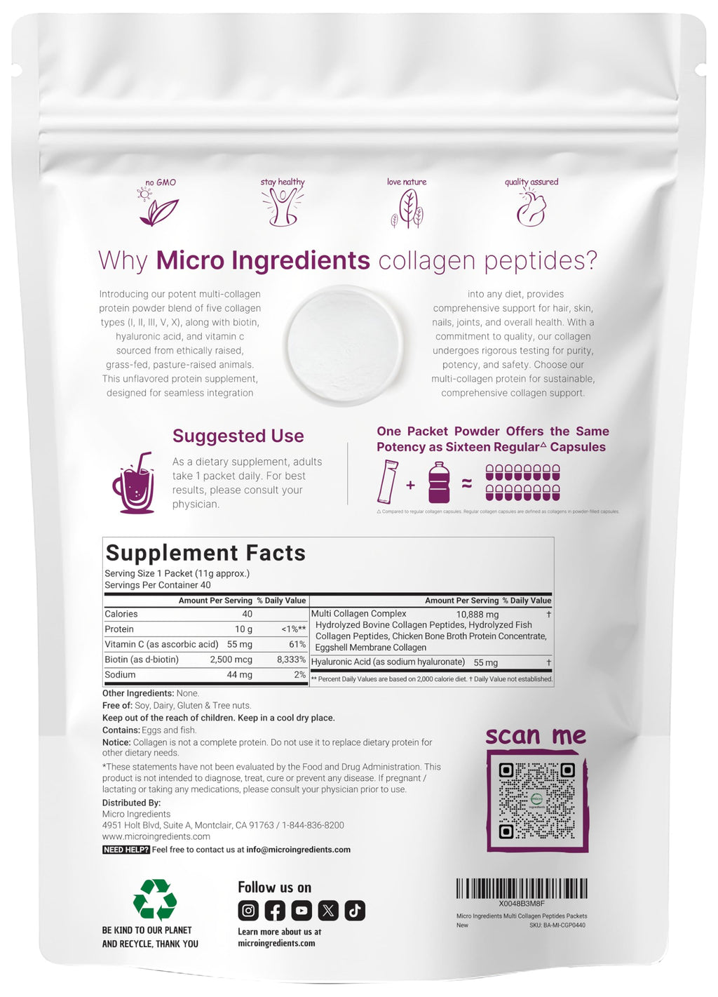 Micro Ingredients Multi Collagen Peptides Powder - 40 Stick Packs | Unflavored | Type I–X + Biotin, Vitamin C & Hyaluronic Acid | Keto & Non-GMO