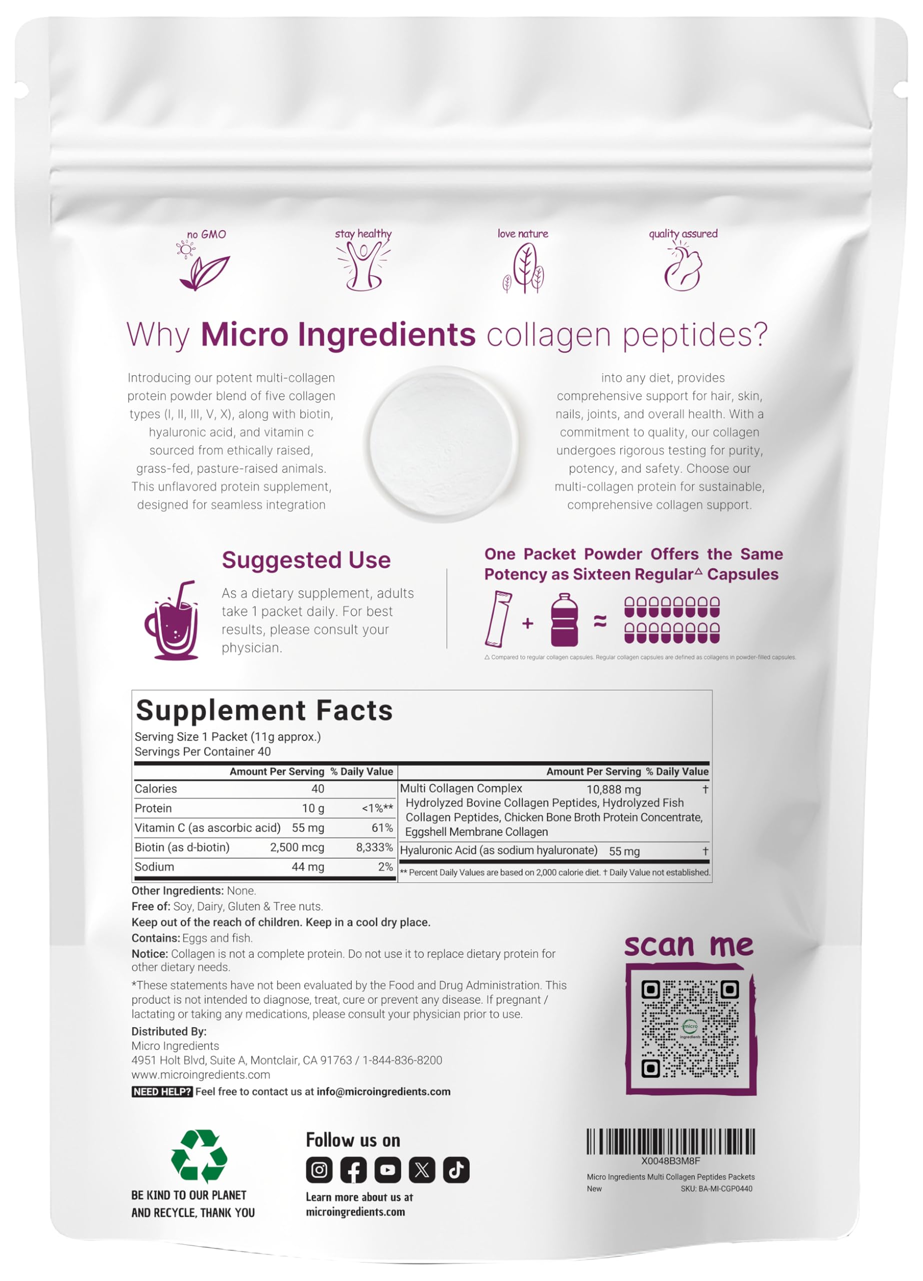 Micro Ingredients Multi Collagen Peptides Powder - 40 Stick Packs | Unflavored | Type I–X + Biotin, Vitamin C & Hyaluronic Acid | Keto & Non-GMO