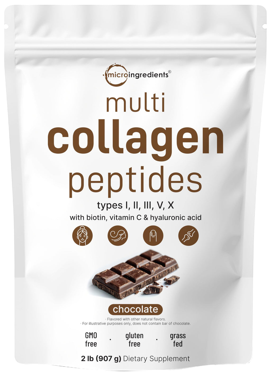 Micro Ingredients Multi Collagen Peptides Powder, 2lb | Type I, II, III, V, X + Biotin, Vitamin C & Hyaluronic Acid | Chocolate Flavor | Keto, Non-GMO