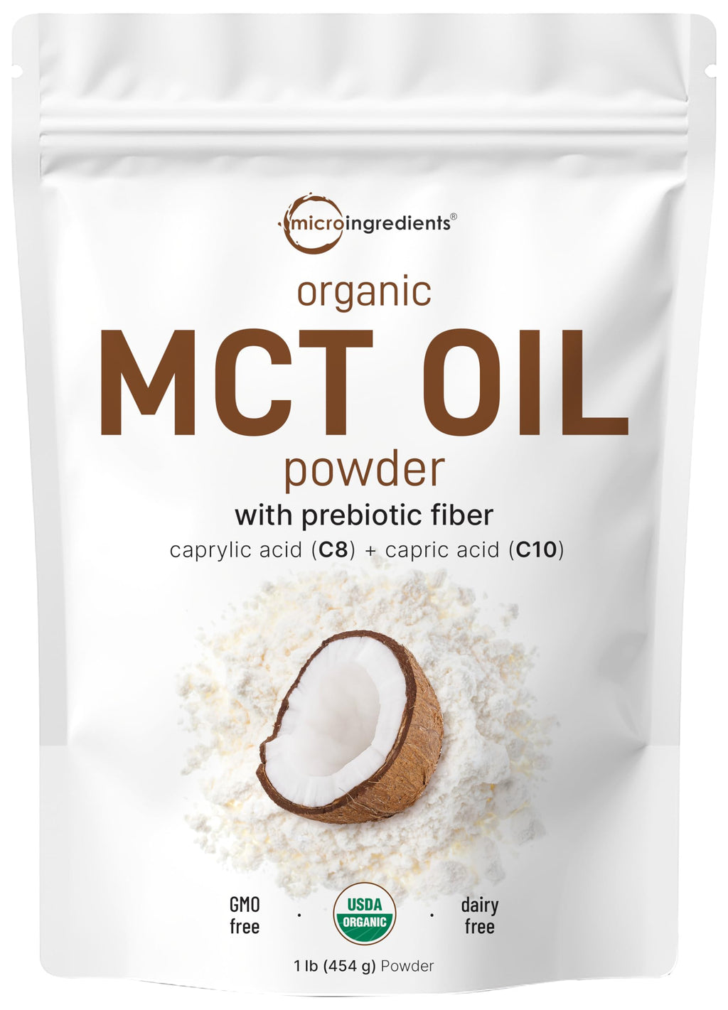 Micro Ingredients Organic MCT Oil Powder with Prebiotic Fiber – 1 lb (16 oz) – C8 MCT Oil for Coffee Creamer – No GMOs, Keto, Vegan