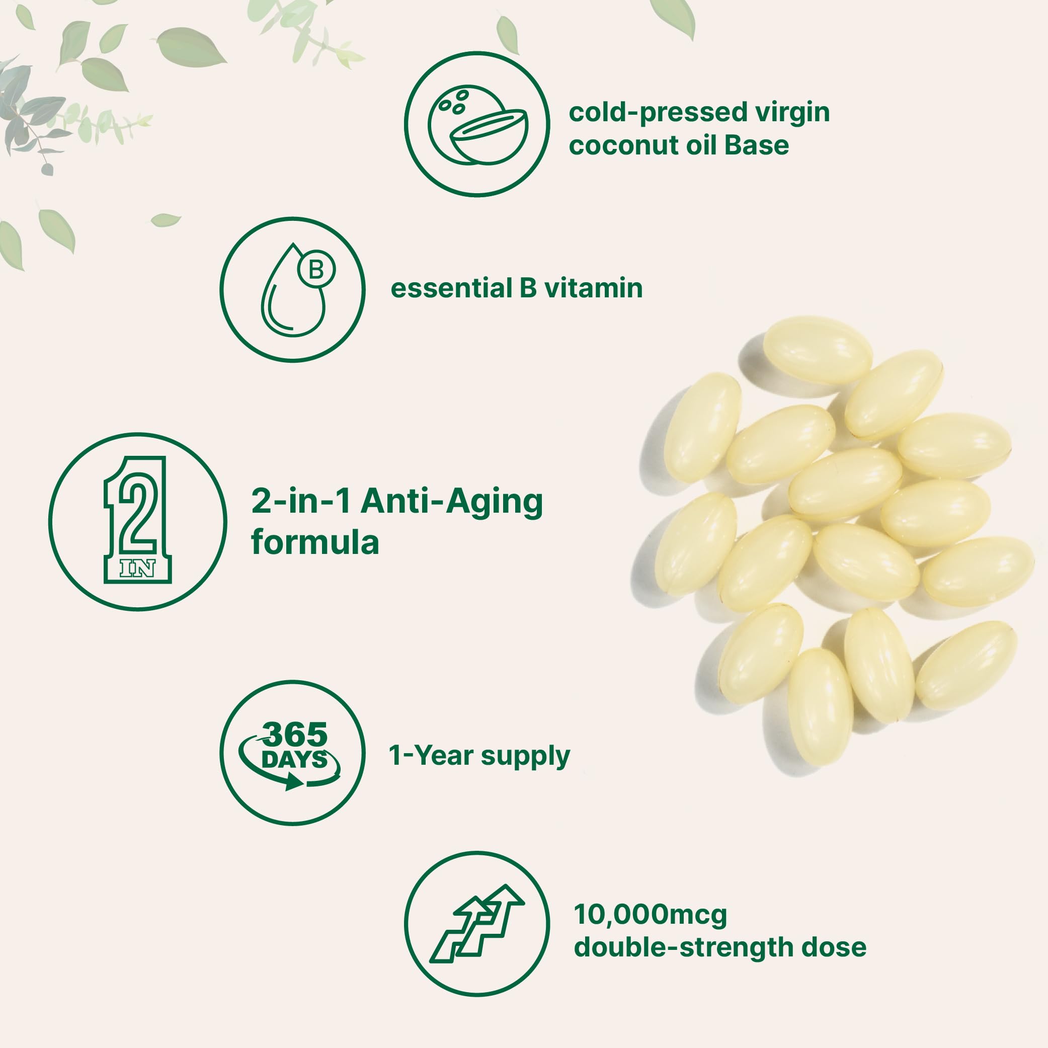 Biotin 10,000mcg + Hyaluronic Acid 25mg Softgels | Virgin Coconut Oil 365-Count