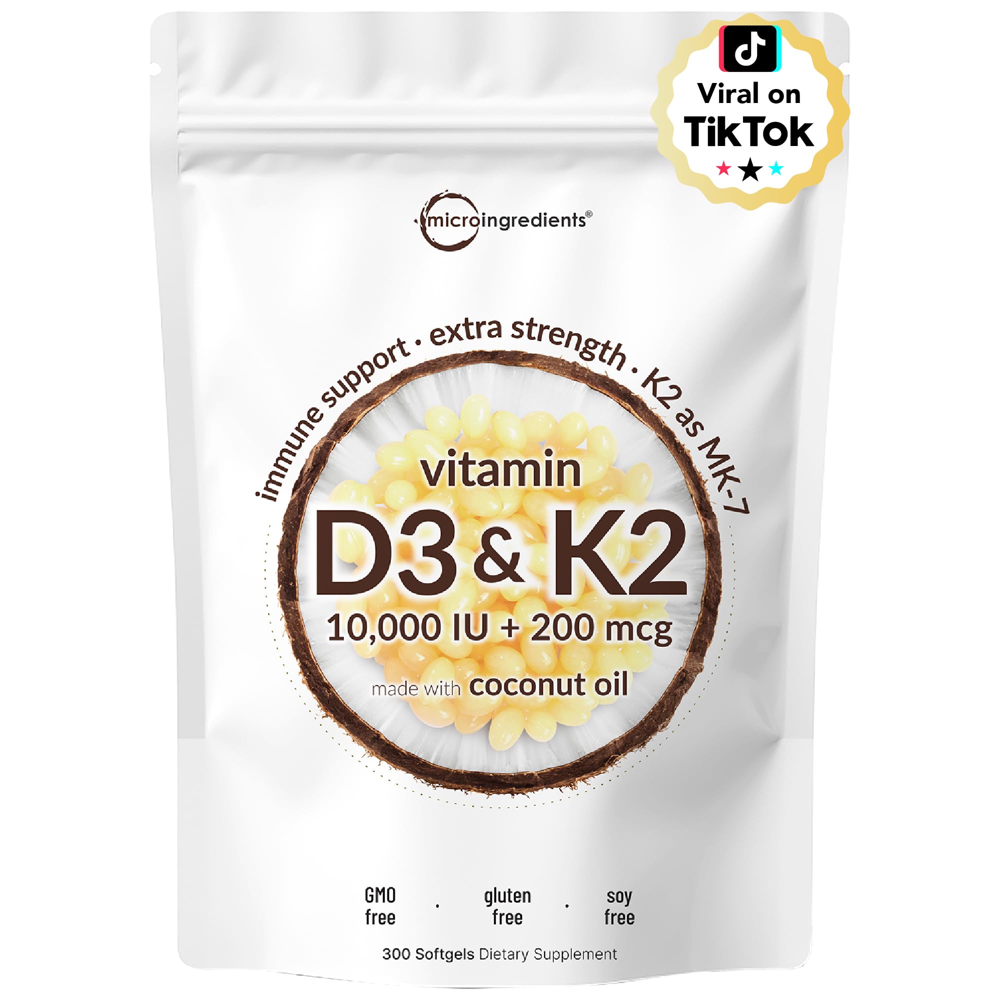 Micro Ingredients Vitamin D3 10,000 IU + K2 MK-7 200 mcg | 300 Softgels, D3 & K2 Complex